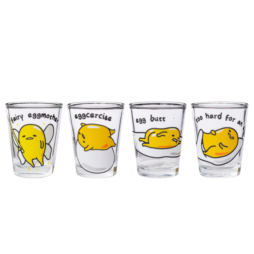 Gudetama Lazy Egg Poses 4 Pack Mini Glass Set, 1.5 Ounces