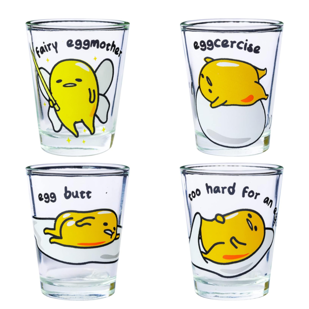 Gudetama Lazy Egg Poses 4 Pack Mini Glass Set, 1.5 Ounces