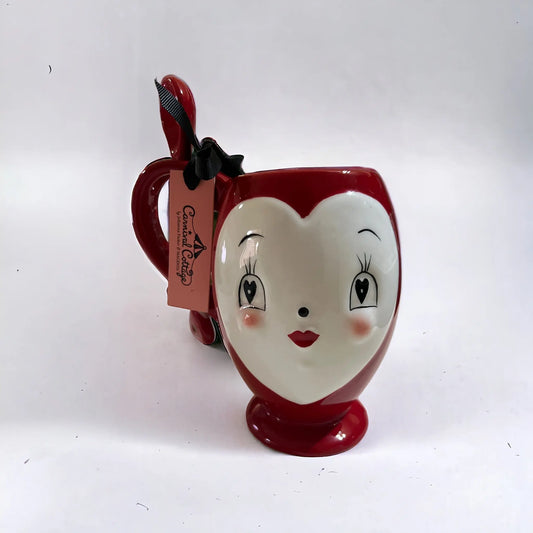 Joanna Parker red ceramic valentines heart face coffee mug & spoon Fur Friends Finds